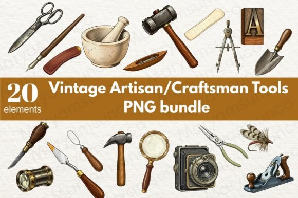 20 Vintage Artisan Tools PNG Bundle