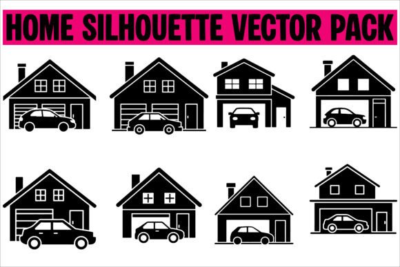 House with Car Icons Black Silhouette Vector Set for Modern Design Projects