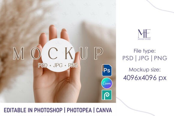 Round Sticker in Hand Canva PSD Mockup