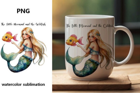 The Little Mermaid and the Goldfish Wate: A Unique Watercolor Sublimation Artwork
